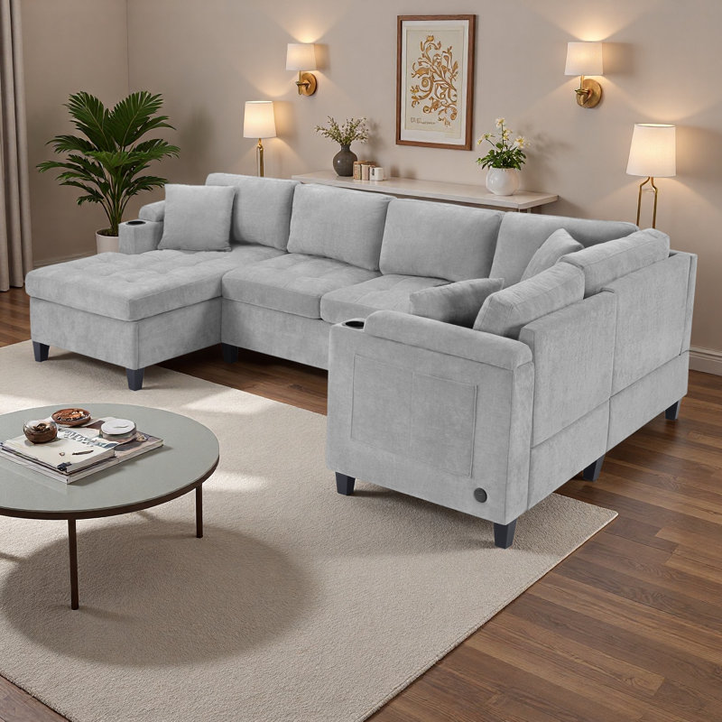 Canapé modulaire de 115,7 po en forme de U avec ports USB et rangement, canapé d'angle en chenille moderne avec méridienne, porte-gobelets et coussins capitonnés moelleux pour le salon