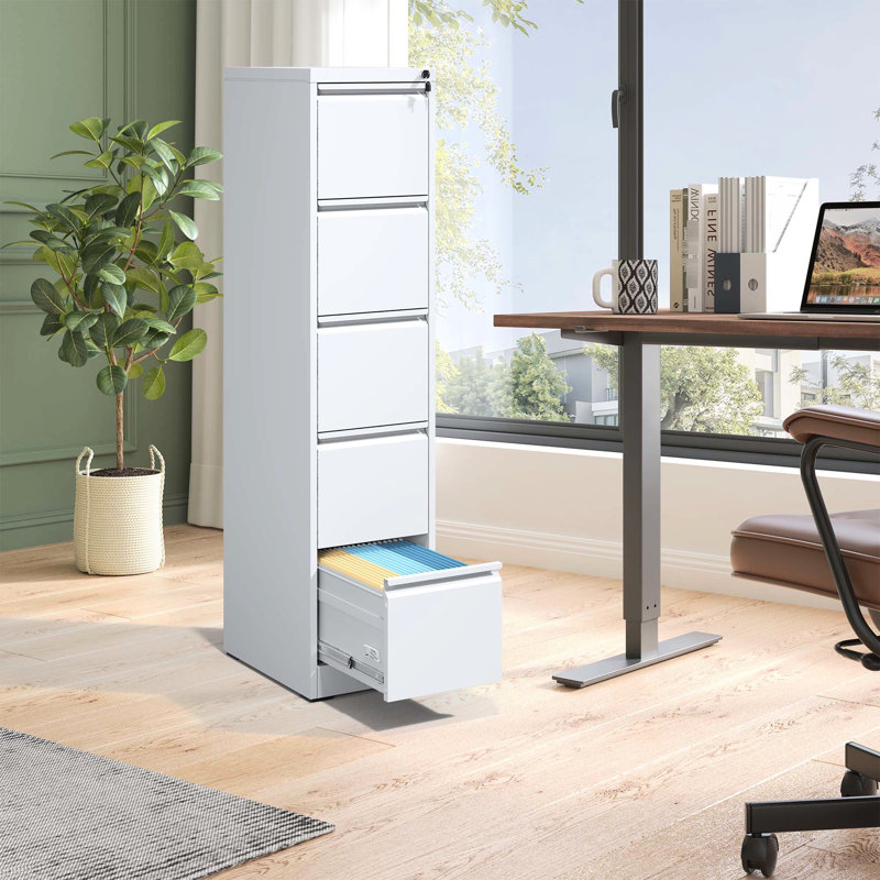 5 Drawer File Cabinet For Office/Home, Metal, Lockable, Steel, Smooth Drawer, Tilt, White Metal Vertical Cabinet, Locked Drawers, Full Extension,
