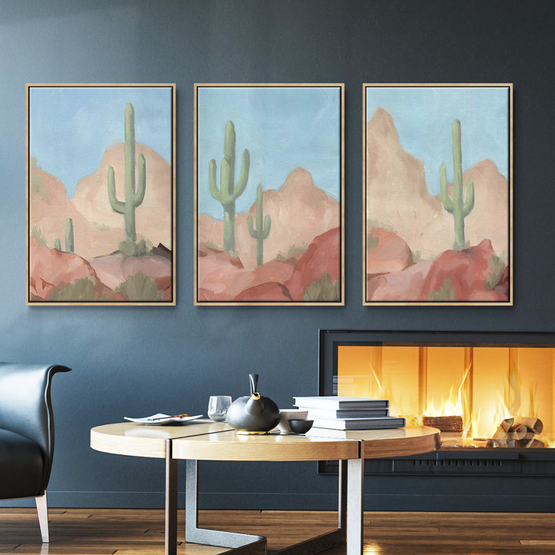 Sunny Saguaro I, ensemble de 3 toiles encadrées sur toile, H 40 po x l 78 po, Argent
