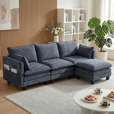 Modern Sofa Set, 3-Seat Couch with Individual Matching Ottoman, Modular Living Room Furniture with Built-in USB Ports and Side Pockets.