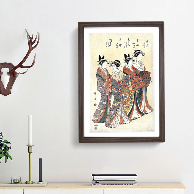 Four Courtesans by Chobunsai Eishi - Picture Frame Painting Print, 36cm H x 27cm W x 2cm D, Walnut Framed