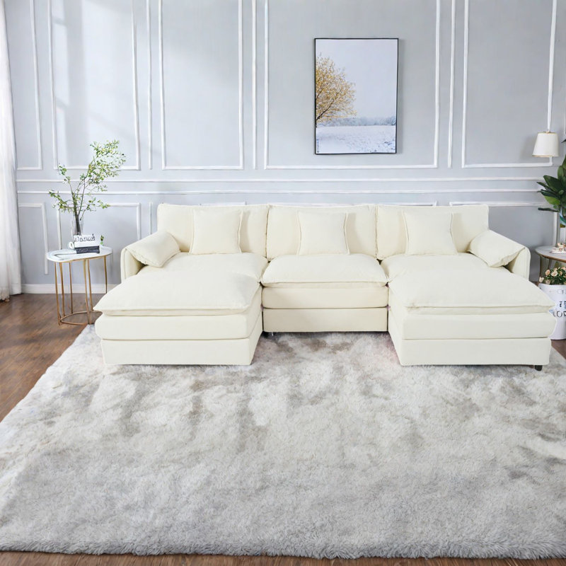 Spacious U-shaped Modular Sofas, Chenille Beige Couch For Modern Living