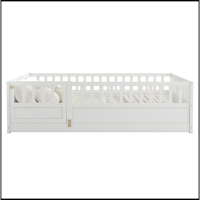 Lit double sur pied avec barrière et porte haute sécurité, cadre de lit en bois de style Montessori