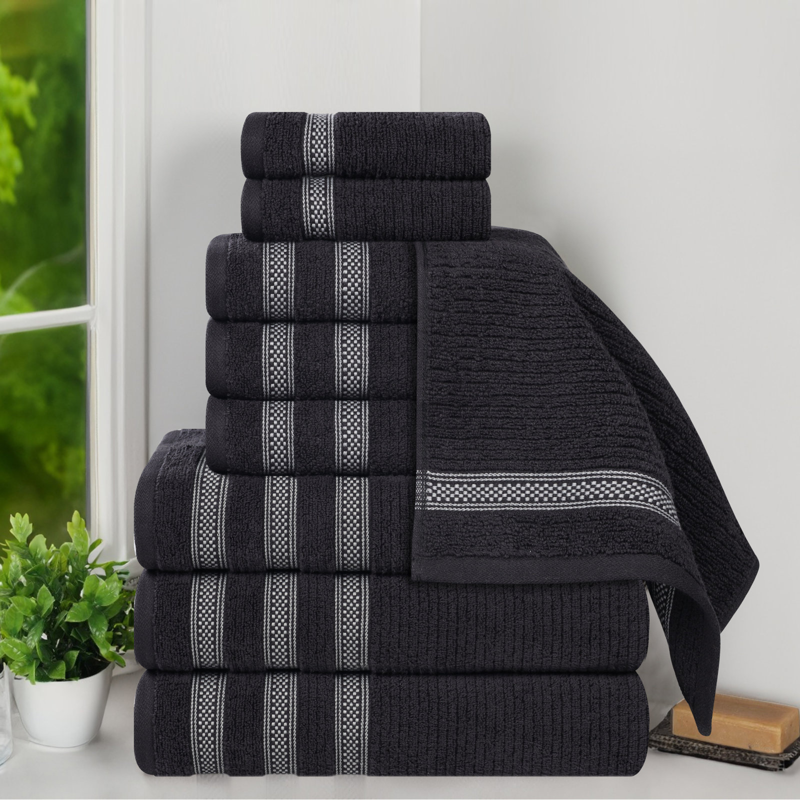 9-Piece Geometric Zero-Twist Cotton Towel Set, Black, 9PCs set: (3 Face, 3 Hand & 3 Bath towels)
