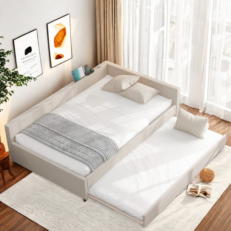 Lit plateforme tapissier avec lit gigogne simple et USB, Double
