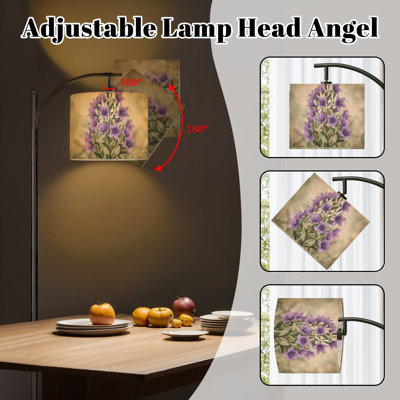 Lampe sur pied arc mauve à motif de pétales délicats botaniques, feuillage vert tendre avec télécommande, abat-jour à DEL, abat-jour réglables, grandes lampes pour la lecture, salon, bureau