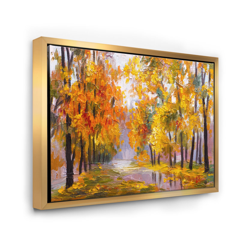 Forêt pleine de feuilles tombées en automne - peinture sur toile, H 30 po x l 40 po x 1,5 po, Cadre flottant doré