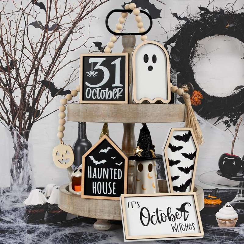 6 pièces, décor de plateau à plusieurs niveaux d'Halloween, cercueil de chauve-souris, maison hantée, fantôme, sorcières, signe du 31 octobre