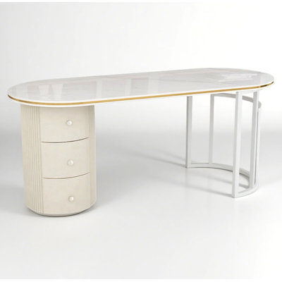 Bureau ovale moderne de luxe en pierre frittée avec tiroir crème et pieds dorés