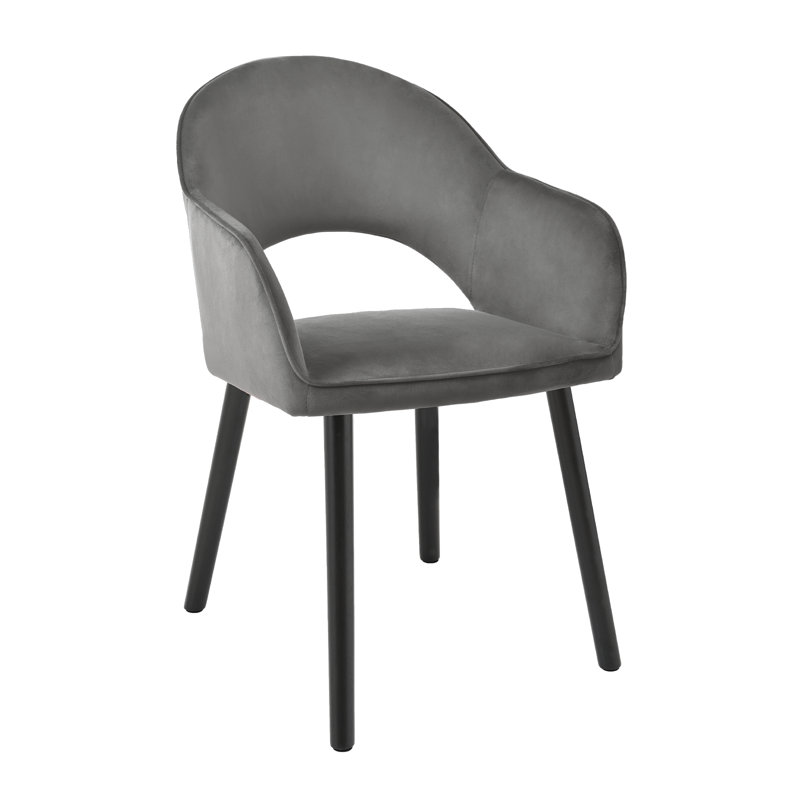 49.5cm H Luxury Fabric Upholstered Dining Chair with Wooden Legs, Dark Grey Velvet/Black, 2