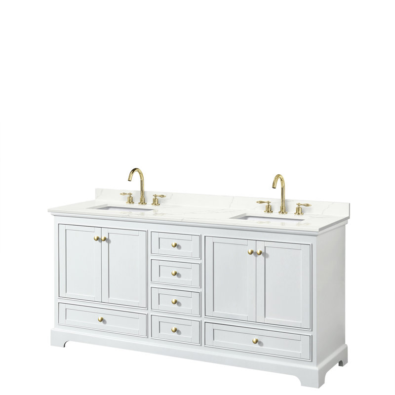 Meuble-lavabo double autoportant Deborah avec plateau en quartz, Quartz Giotto, Blanc, Or brossé