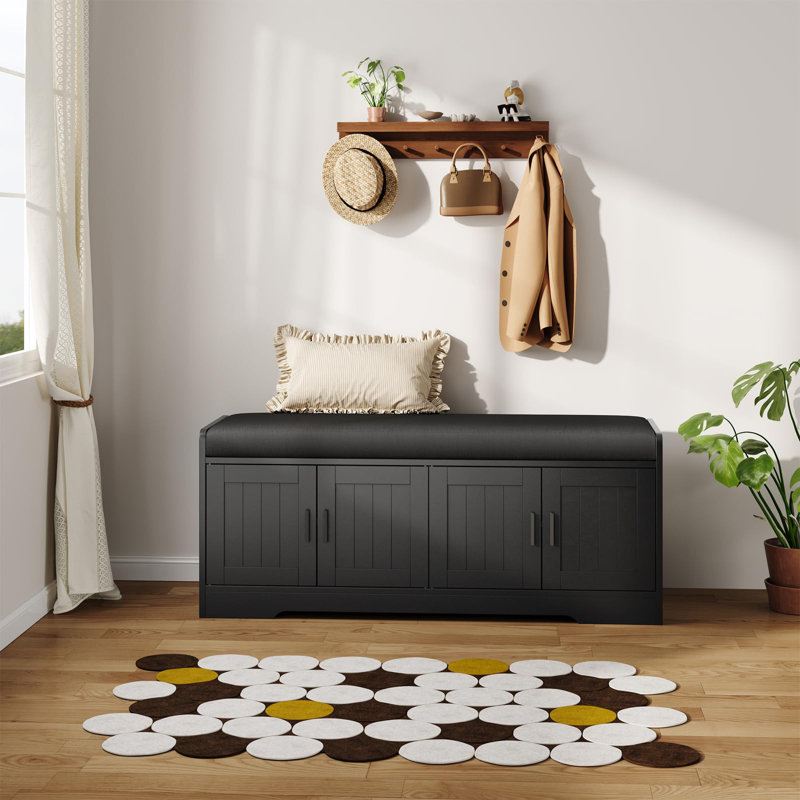 Banc à chaussures avec coussin et rangement dissimulé, banc d'entrée moderne avec structure en bois robuste, noir, Noir