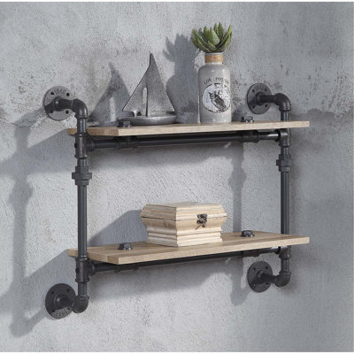Étagère murale à 2 niveaux, chêne et sable noir, tube en métal, conception de conduite d'eau, tablette l 23 po x l 9 po, espace de rangement de 12 po pour la décoration intérieure, cadre, bureau de style élégant