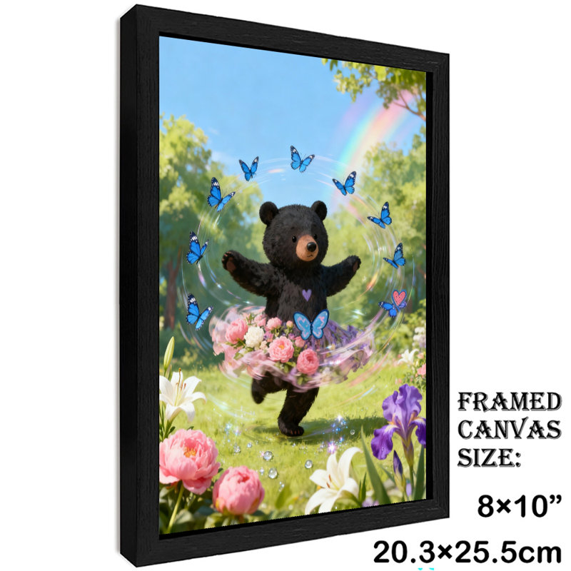 Art mural rétro noir, petit ours mignon jouant avec des papillons, impressions encadrées de style rétro, H 11 po x l 9 po