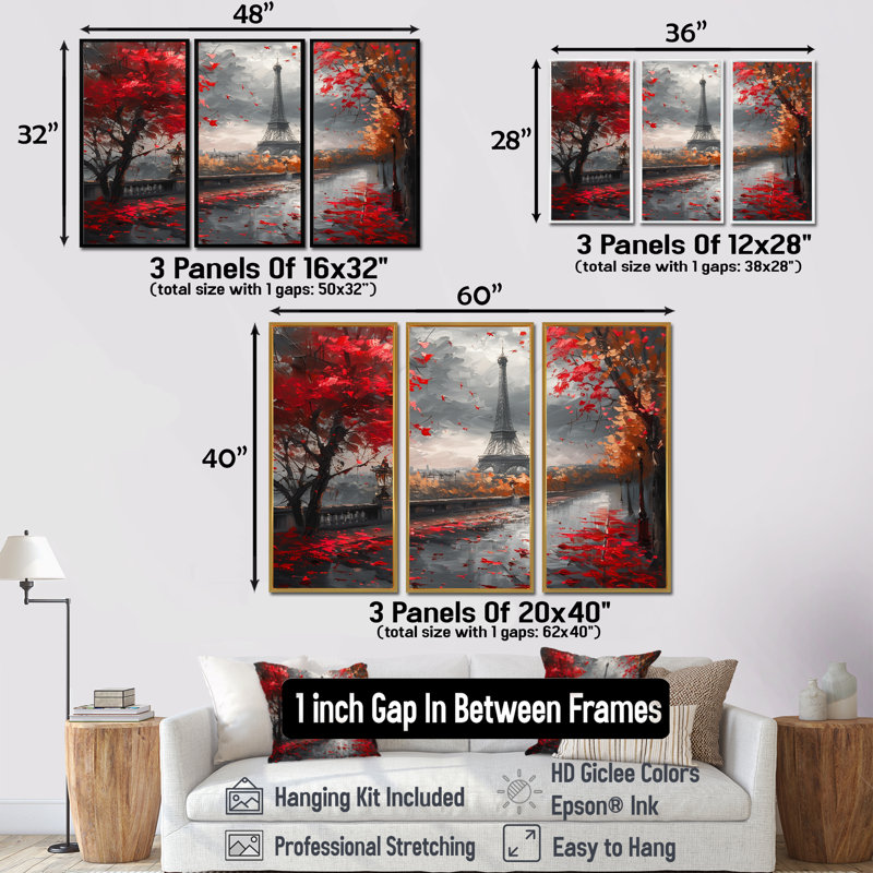 Ensemble de salon Thimeo - City Paris Wall Art, H 28 po x l 36 po x P 1 po, Toile avec cadre flottant brun