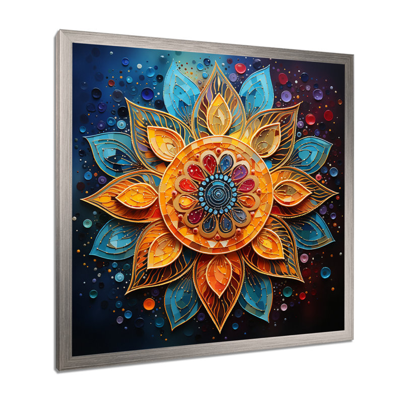 Mandala yoga sarcelle doré pointillisme, Argent, H 36 po x l 36 po x P 1,5 po