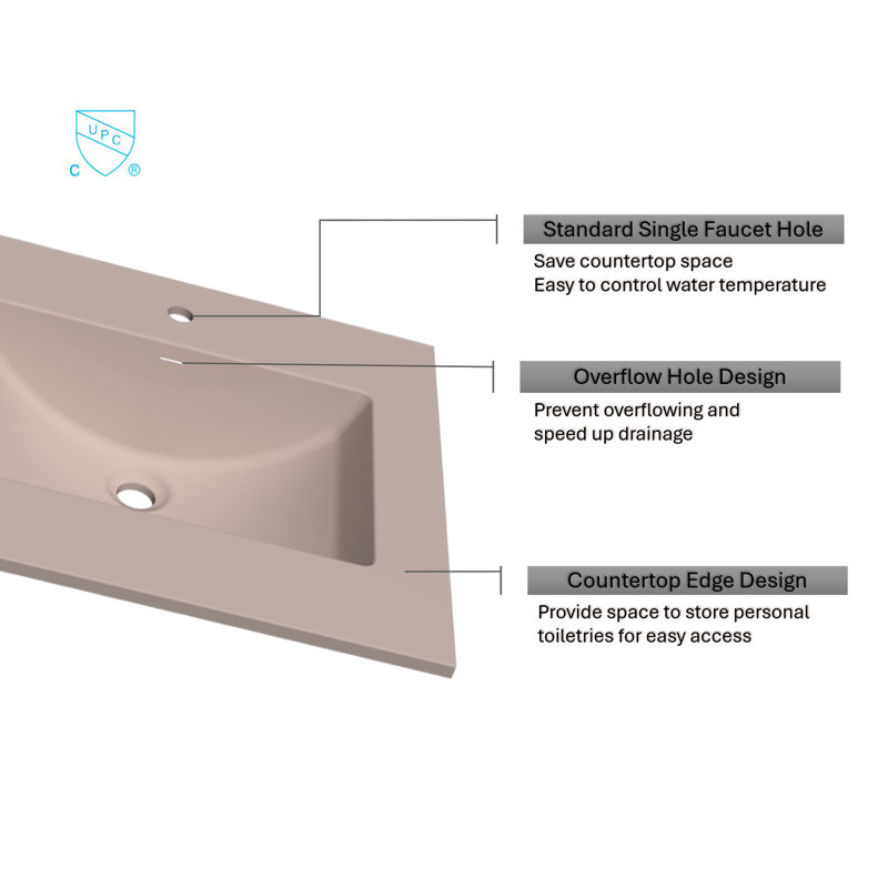 Solid Surface Polyurethane Resin Streamline Nano Vanity Top With Sink, Durable, Consistent Color, Easy-to-Clean, Built-in Overflow, 37"W x 22"D