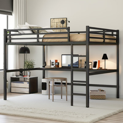 Queen Size Metal Loft Bed With Built-In Desk, Usb Power Outlet, And Led Lighting – Space-Saving, Noise-Reduced, And Cpsc Certified, Black