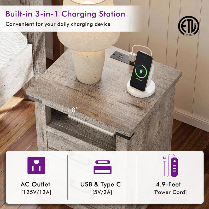 Farmhouse Nightstand Set with Charging Station Set of 2, Light Gray, Light Gray, 2