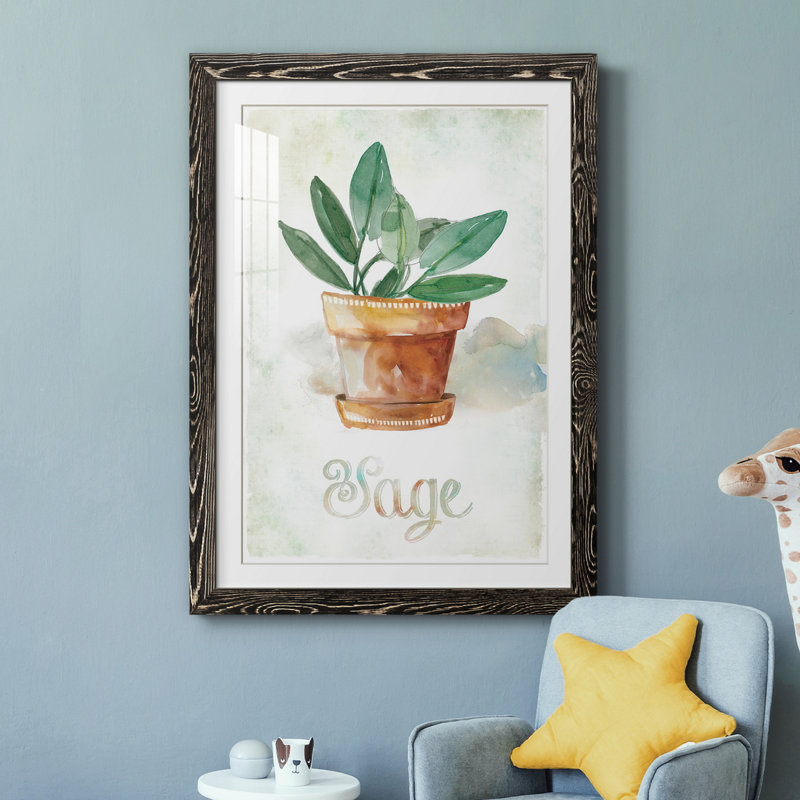 Sauge en pot - peinture, Papier avec cadre noir, H 20 po x l 17 po x P 1,5 po