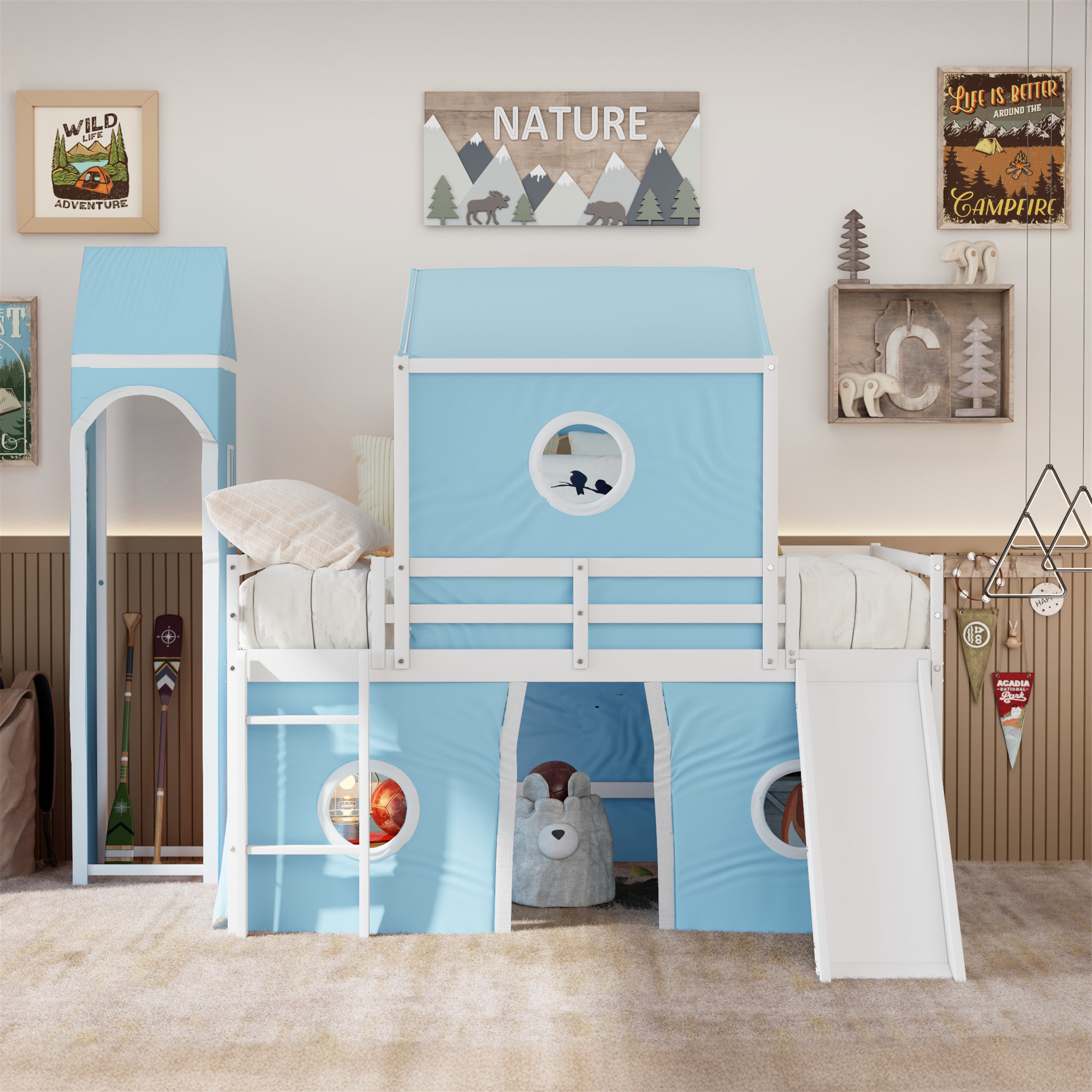Dakota Fields Unique Loft Bed with Slide and Tent for Kids' Fun and ...