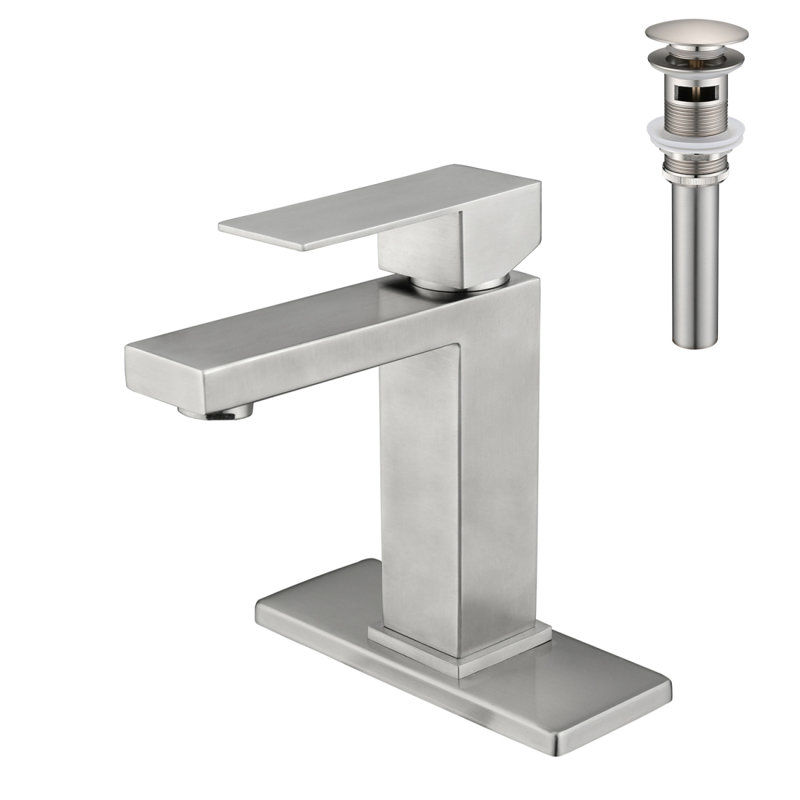 Robinet de lavabo de salle de bain à poignée simple avec drain escamotable (avec trop-plein), Nickel brossé