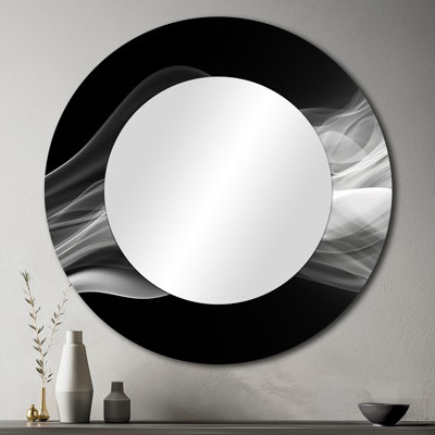 Shifa noir blanc contemplatif Abstraction II - grand miroir de vagues, décor de miroir mural rond noir unique, impression d'art en métal