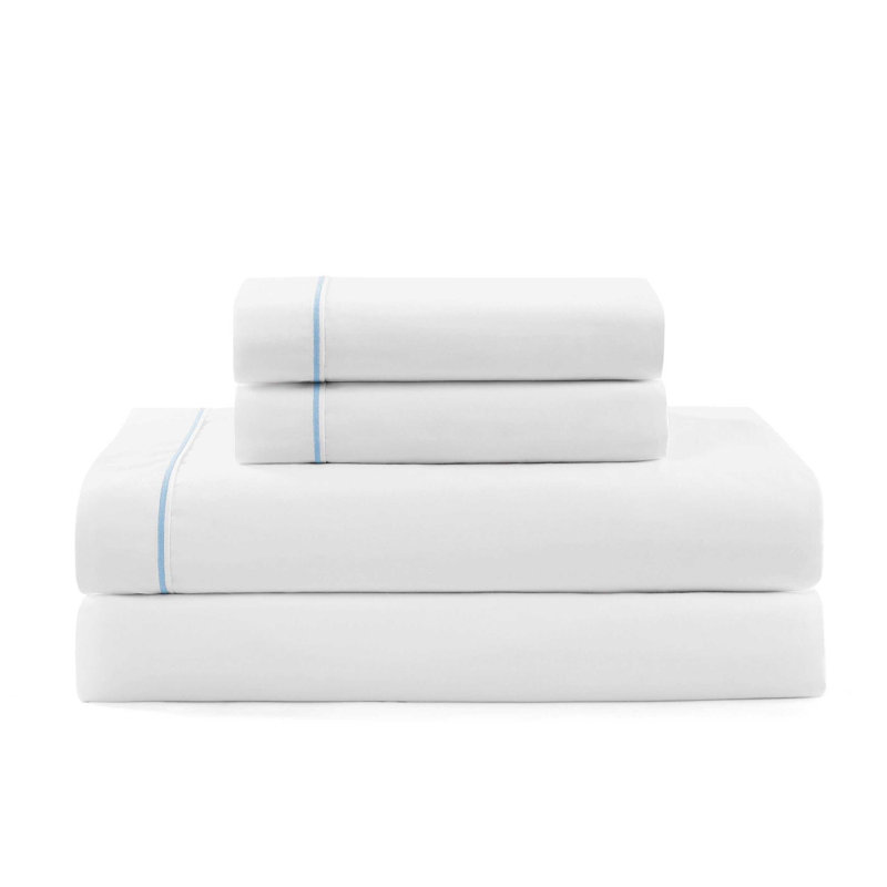 Tommy Hilfiger Solid Cotton Hem Stripe Sheet Set, Full / Double Sheet Set with 4 Additional Pieces, Blue