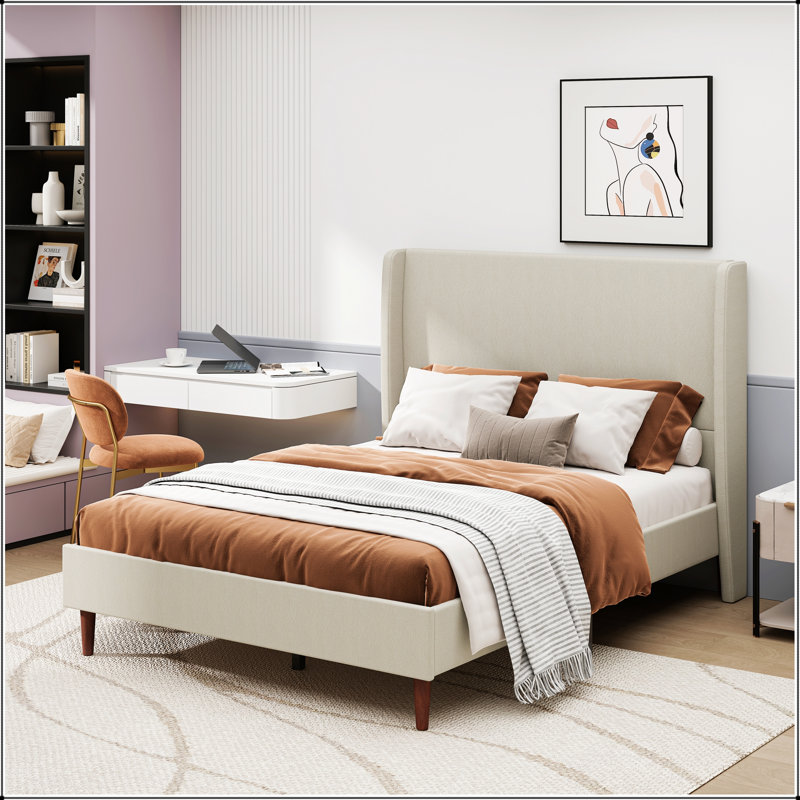 High Back Soft Bed Queen Size With 12-Slat Support, High Quality Linen Upholstery, Easy Assembly For Comfort And Durability