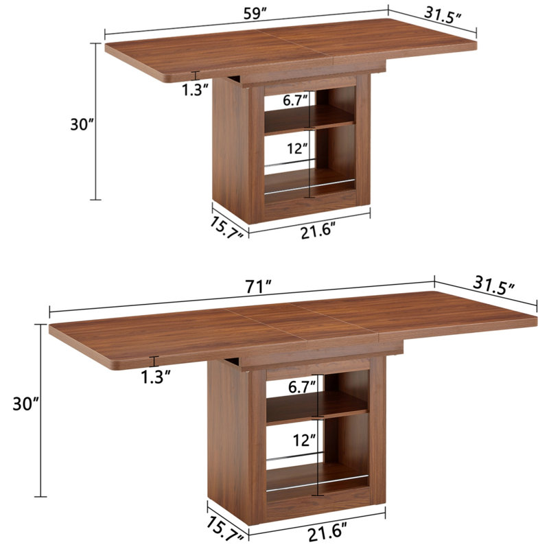 Table de salle à manger extensible 59 "à 71", table de salle à manger rectangulaire avec deux tablettes ouvertes, pouvant accueillir 4 à 8 personnes