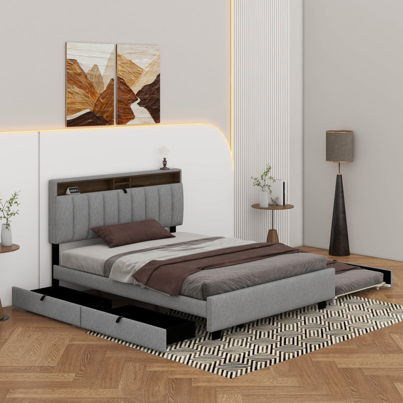 Lit plateforme tapissier avec tête de lit, gigogne et tiroirs de rangement, Grand lit, Gris