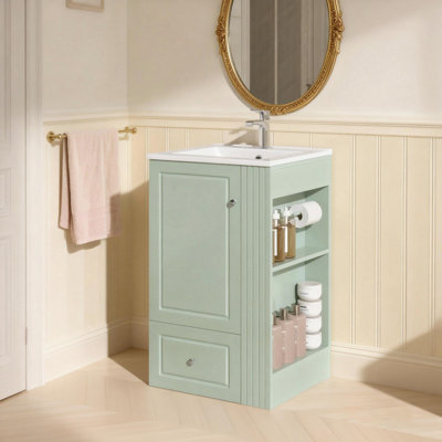 Meuble-lavabo autoportant compact de 20 pouces avec lavabo en céramique, tiroir à fermeture en douceur, tablettes ouvertes et barre à serviettes en pin pour les petits espaces