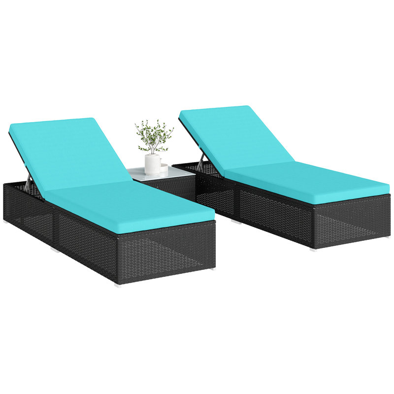Ensemble de chaises longues 3 pièces avec table d'appoint, coussin, turquoise