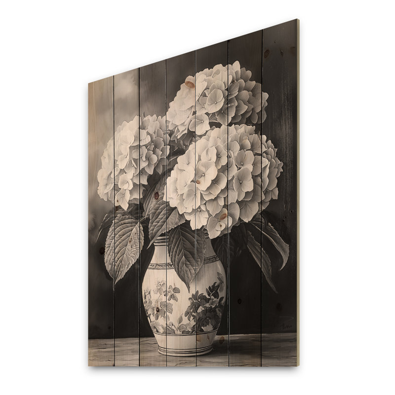 Hydrangea In Monochrome Vase II - Hydrangea Wood Wall Art - On Natural Pine Wood, 20" H x 10" W x 0.78" D