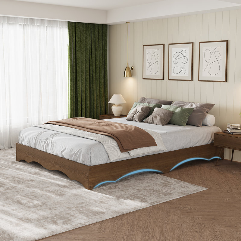 Structure de lit simple en bois TG, lit bas sans tête de lit Wave Design, sans bruit, noyer, Brown, Extra-long Twin
