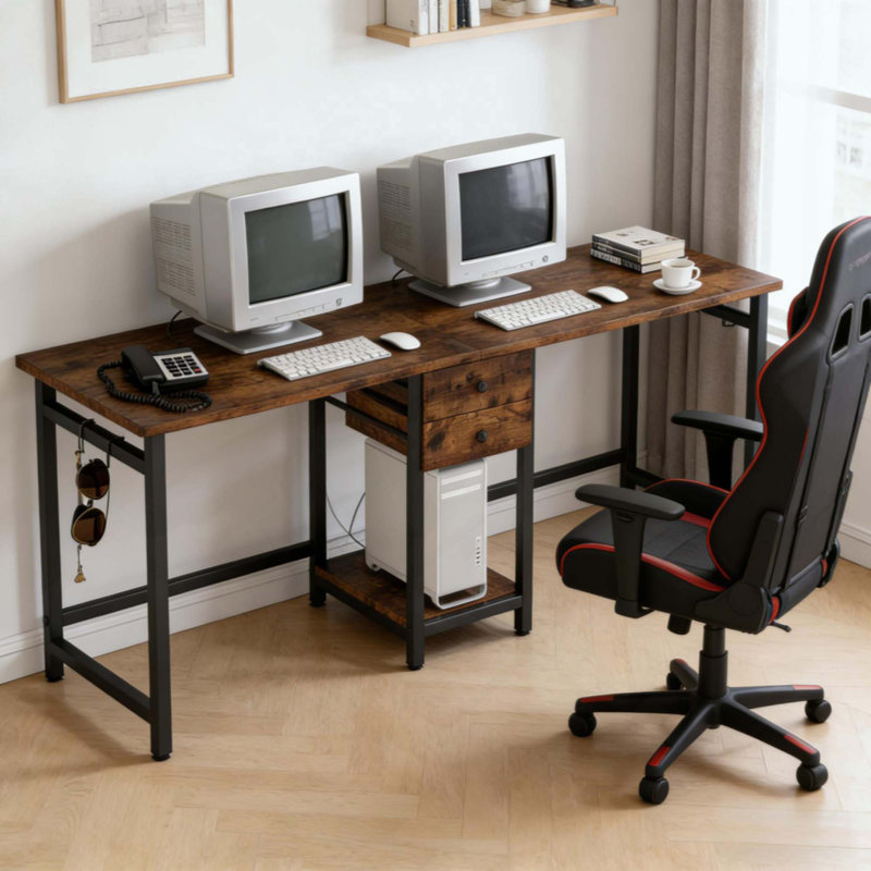 Bureau double, bureau d'ordinateur, bureau à deux places, table de jeu, Brun rustique / noir