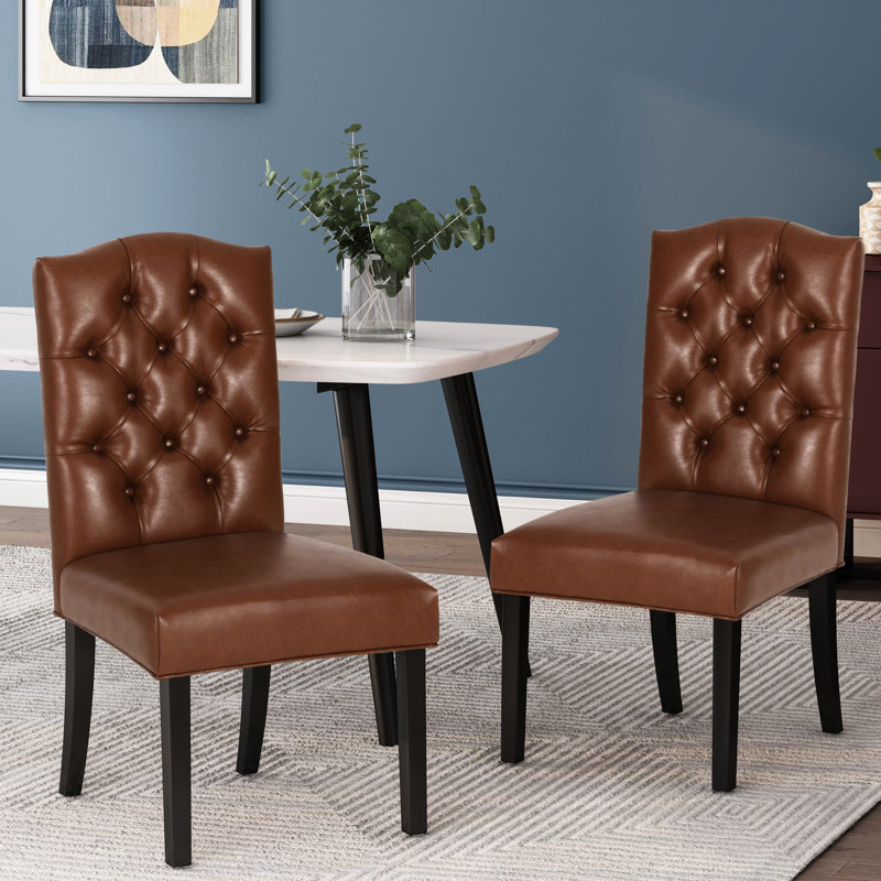 Kd Dining Chairs   Of 2 , Brown Pu Leather Trim, Stylish Button Tufting, Delicate Diamond Stitching, Lovely Tapered Legs