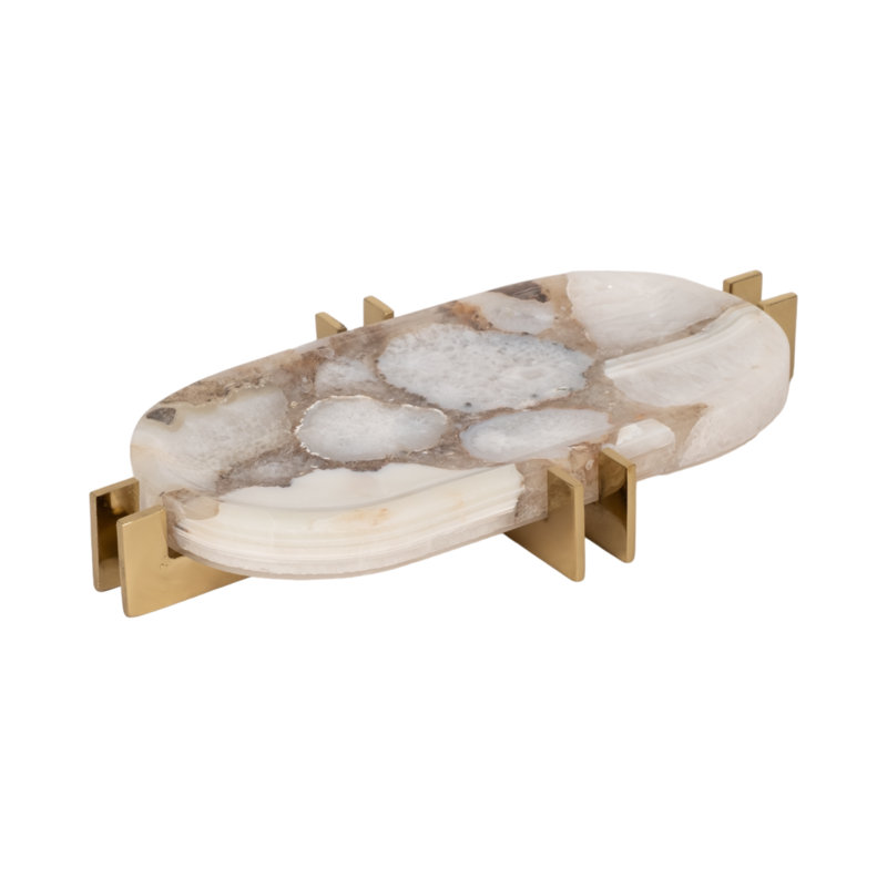 14" Komi Agate Oval Tray, White and Gold