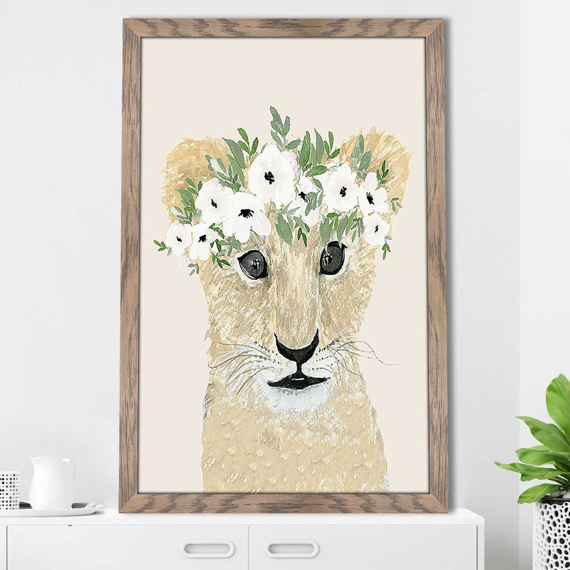 Petit lion par Lucille Price - Peinture, Cadre taupe délavé, H 49,5 po x l 33,5 po x P 1 po