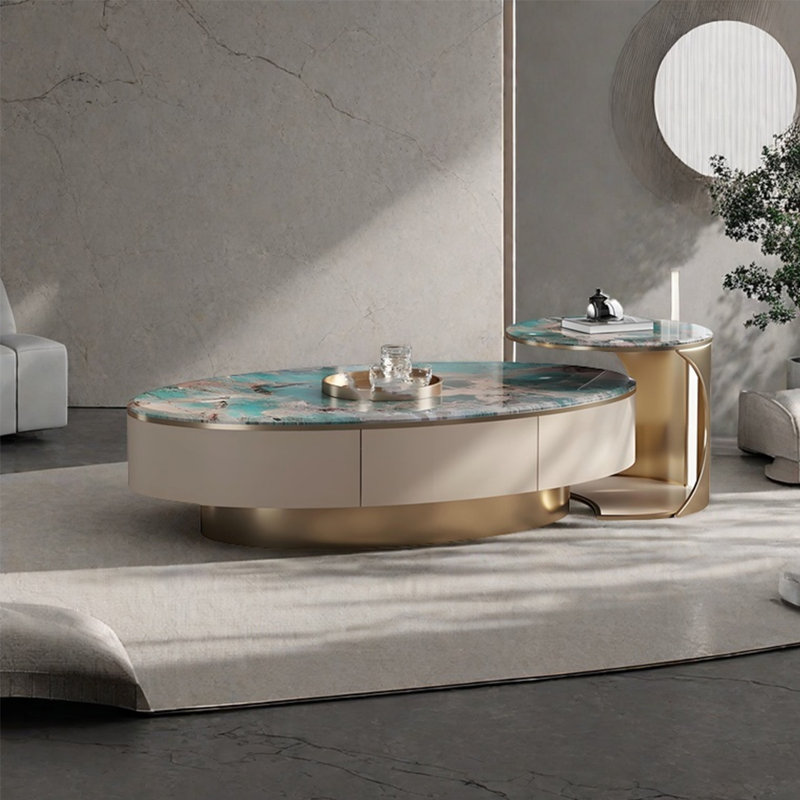 Table basse ovale en marbre clair de luxe, 15.7" H x 47.2" W x 23.6" D, Doré