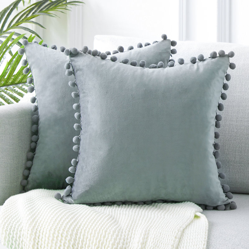 Burnt Orange Velvet Square Pillow Covers with Pom-Poms, Set of 2