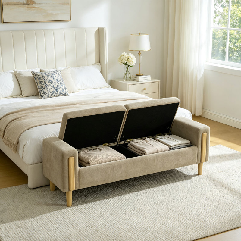 Banc de rangement rembourré en chenille de 65,67 po de largeur avec double couvercle, Tanné