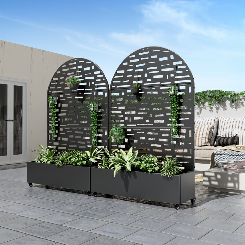 Arch Metal Planter Box with Trellis with Wheels, 72" H x 47" W x 16" D