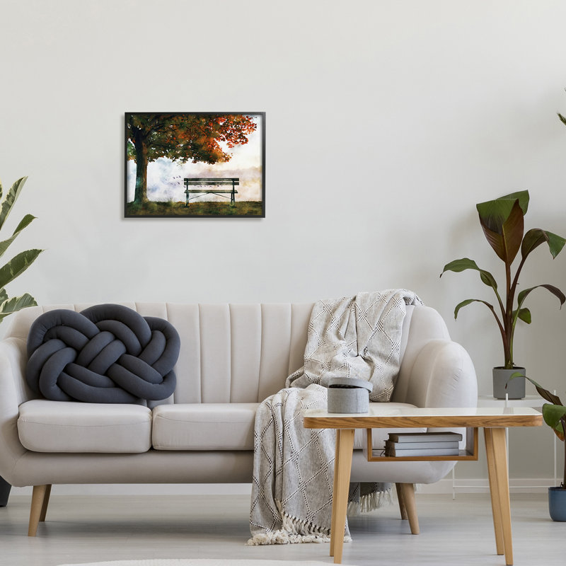 Art mural sur toile tendu, "Quiet Autumn Park banc and Tree" par Ziwei Li, H 20 po x l 16 po, Giclée encadrée noir minuit