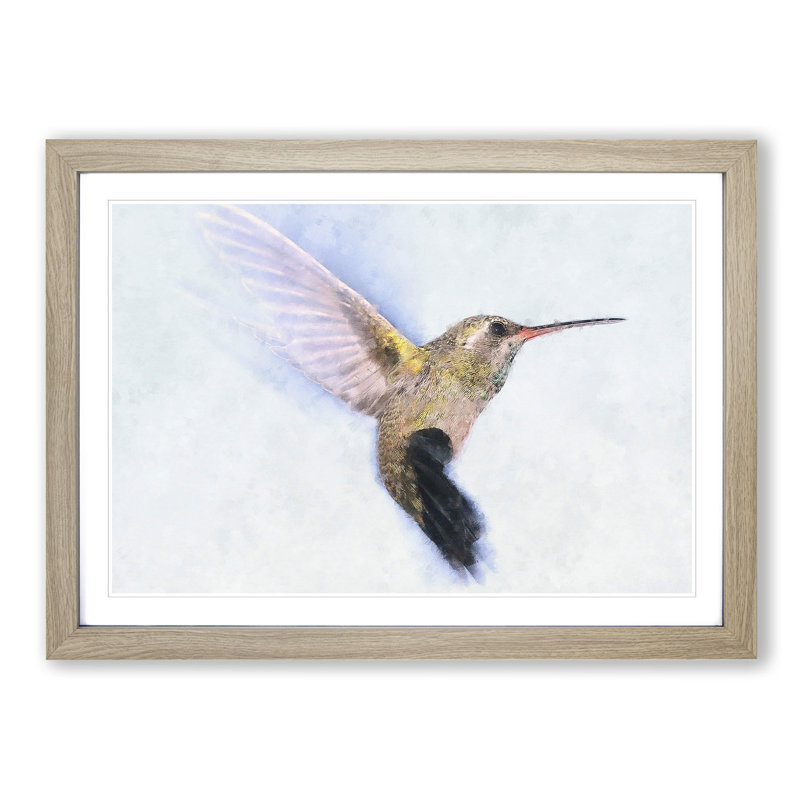 Flying Hummingbird Bird - Picture Frame Graphic Art Print, 24cm H x 33cm W x 2cm D, Oak Framed