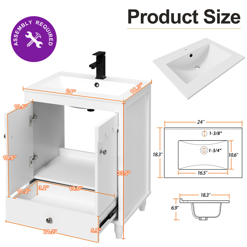 Sharee 24" Single Bathroom Vanity With Ceramic Sink Top, Faucet, Decorative Wavy Edge, White