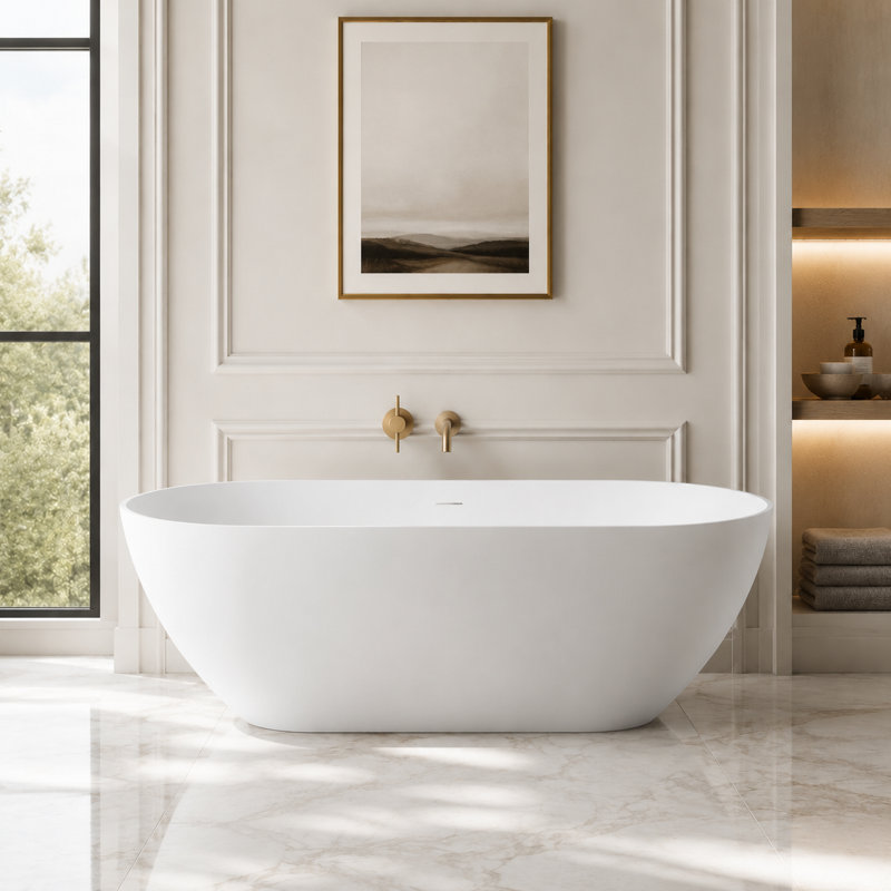 Baignoire de trempage autoportante 69 po à surface solide, baignoire ovale blanc mat