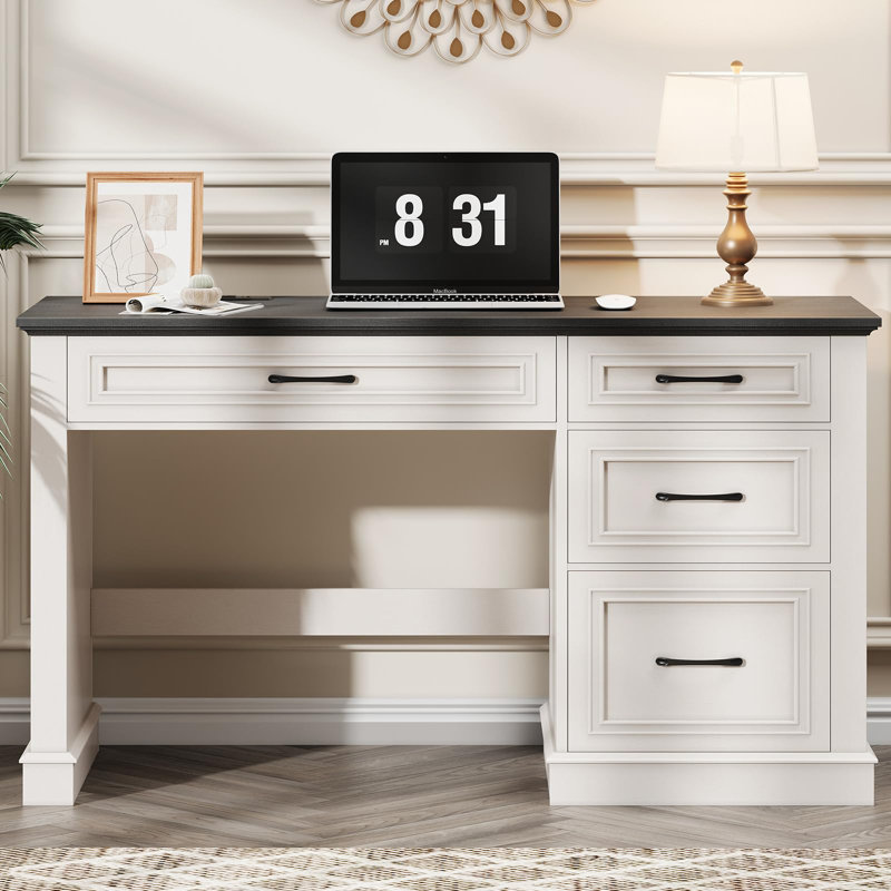Farmhouse 47" Executive Desk With Charging Station, Black/White