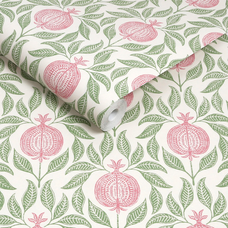  Papier peint pomme et grenade rose et vert, Rose