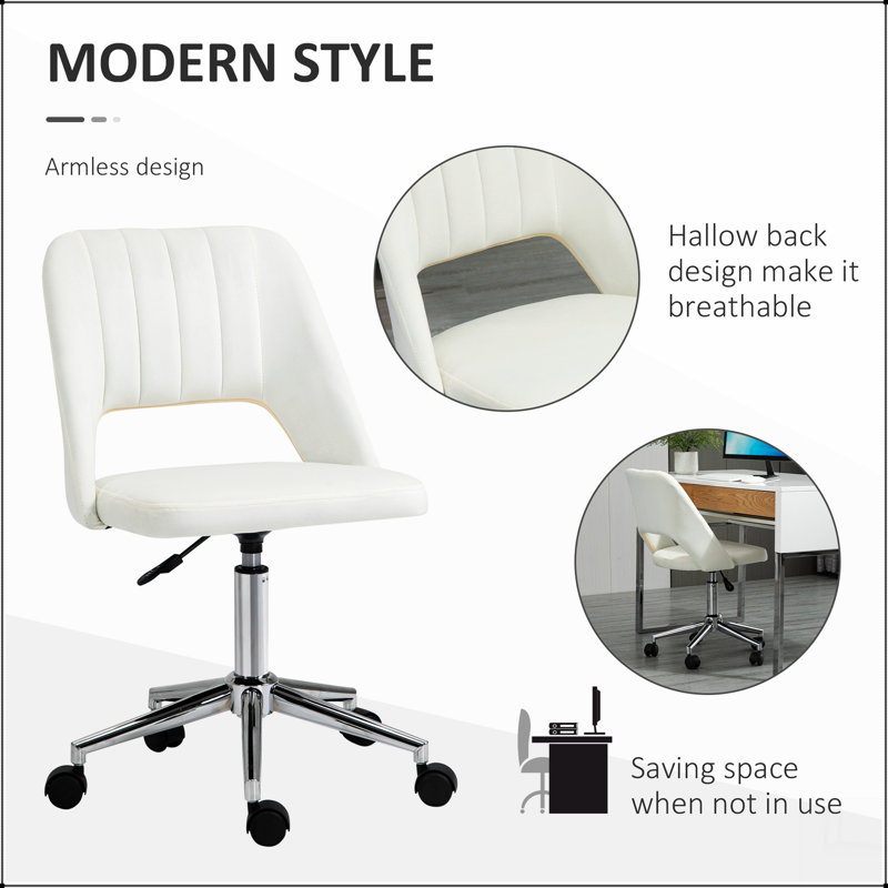 Chaise de bureau moderne à dossier moyen avec tissu en velours, chaise de bureau pivotante sans dossier pour ordinateur avec dossier creux